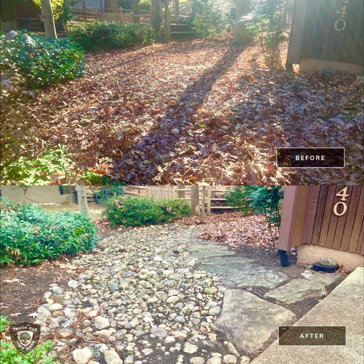 Leaf removal from rock bed and path in Severna Park Maryland